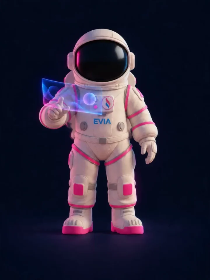 EVIA, nuestra astronauta de traje crema y detalles magenta, interactuando con un panel holográfico azul sobre fondo grafito